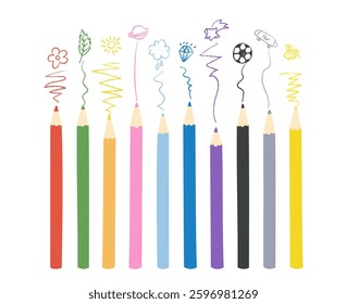 Rainbow color pencils stationery with hand drawn creative preschool scribble doodle pictures composition. Kindergarten, elementary school educational supplies and art drawing vector illustration