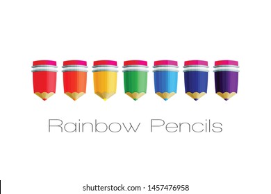 Rainbow color pencils vector collection isolated on white background.  Office supplies.