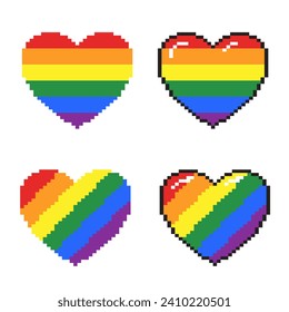 Rainbow color pixel heart icon collection. LGBT 8 bit love symbol set