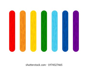 Rainbow color popsicle stick for game or ice cream set. Stick for kids activity, color matching, math game, holding ice cream lollipop with wooden texture. Flat cartoon vector clip art illustration.