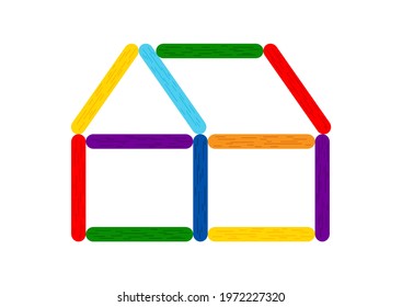 Rainbow Color Popsicle Stick House For Kids Game. Stick For Preschool Child Developing Activity And Education, Color Matching, Math Game With Wooden Texture. Flat Cartoon Vector Clip Art Illustration.