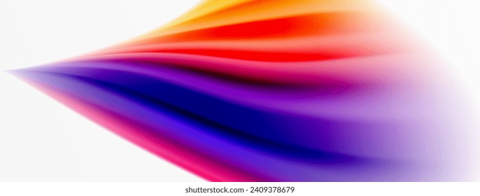 Rainbow-farbene Seide, unscharfer, gewellter Linienhintergrund auf weißem, luxuriös lebendiger, visuell faszinierender Hintergrund. Atemberaubende Farbmischung, die an Regenbogen erinnert, seidig und gradig unscharf