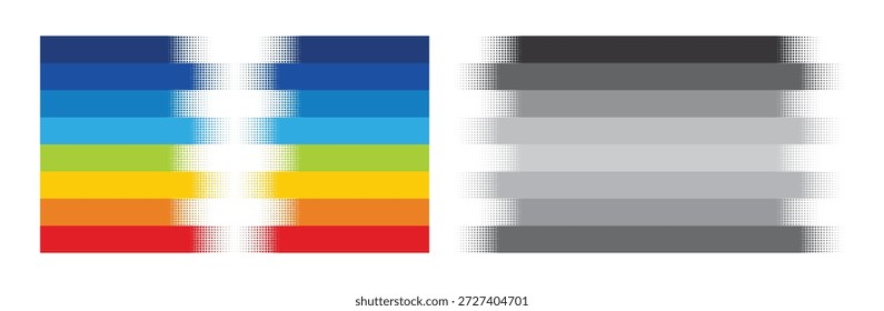 Espectro de cores do arco-íris e barras em tons de cinza com ilustração de vetor de meio-tom de gradiente de pixelização.
