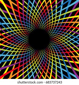 Rainbow color spiral flower speed. Colorful swirl movement bright line set. Circle glowing template. Sunburst, starburst shape. Black abstract background. Flat design. Vector illustration