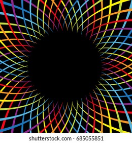 Rainbow Color Spiral Flower Speed. Colorful Swirl Movement Bright Line Set. Round Circle Glowing Template. Sunburst, Starburst Shape. Black Abstract Background. Flat Design. Vector Illustration