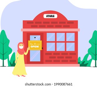 Rainbow color. Store, shop, café, restaurant open. A woman stand in front of the store, shop, café, restaurant. Small business. We're open. Flat design.