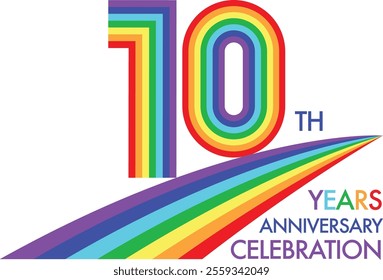 rainbow color stripes number 10 with words years anniversary celebration in the bottom isolated on white background.