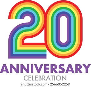 rainbow color stripes number 20 and word anniversary celebration are at the bottom.