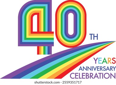 rainbow color stripes number 40 with words years anniversary celebration in the bottom isolated on white background.