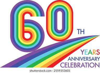 rainbow color stripes number 60 with words years anniversary celebration in the bottom isolated on white background.