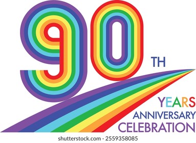 rainbow color stripes number 90 with words years anniversary celebration in the bottom isolated on white background.