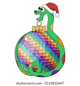 Rainbow color symbol of 2025 new year. Christmas and new year decor with snake and disco ball isolated transparent. Vector illustration. EPS 10