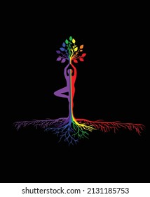 El yoga del árbol de color arcoiris posa con raíz de árbol, raíces de árbol y deja posición de yoga hembra, ilustración vectorial de yoga.