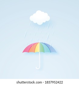 rainbow color umbrella with rain and cloud, rainy season, rainstorm, paper art style