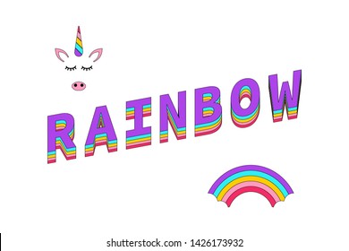 Rainbow Color. Rainbow with Unicorn and text Rainbow isolated on white background