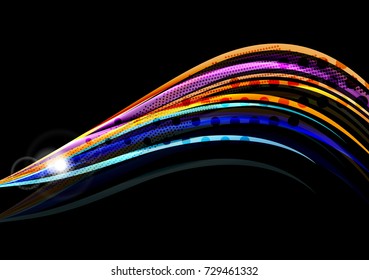 Rainbow color wavy lines on black background. Minimalistic dark background with stripes and light effects