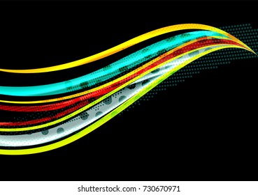 Rainbow color wavy lines on black background. Minimalistic dark background with stripes and light effects