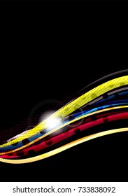 Rainbow color wavy lines on black background. Minimalistic dark background with stripes and light effects