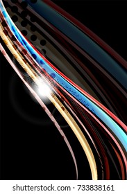 Rainbow color wavy lines on black background. Minimalistic dark background with stripes and light effects