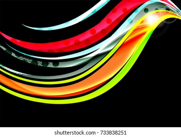 Rainbow color wavy lines on black background. Minimalistic dark background with stripes and light effects
