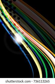 Rainbow color wavy lines on black background. Minimalistic dark background with stripes and light effects