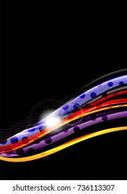 Rainbow color wavy lines on black background. Minimalistic dark background with stripes and light effects