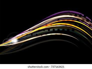 Rainbow color wavy lines on black background. Minimalistic dark background with stripes and light effects