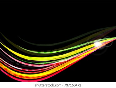 Color arcoiris líneas onduladas sobre fondo negro. Fondo oscuro minimalista con rayas y efectos de luz