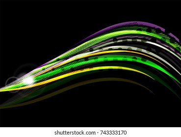 Rainbow color wavy lines on black background. Minimalistic dark background with stripes and light effects