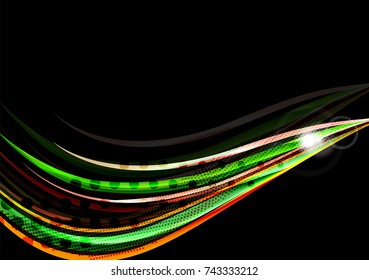 Rainbow color wavy lines on black background. Minimalistic dark background with stripes and light effects