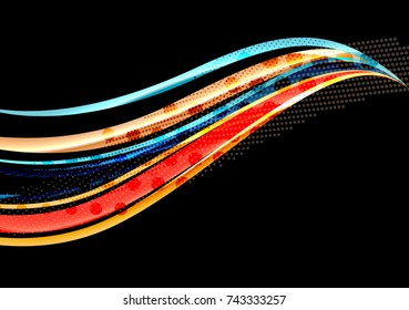 Color arcoiris líneas onduladas sobre fondo negro. Fondo oscuro minimalista con rayas y efectos de luz