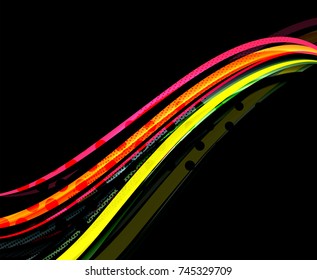Rainbow color wavy lines on black background. Minimalistic dark background with stripes and light effects