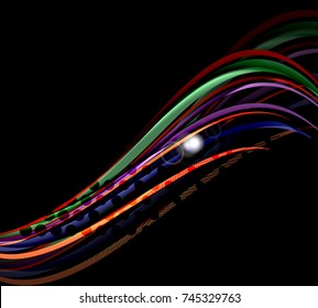 Rainbow color wavy lines on black background. Minimalistic dark background with stripes and light effects