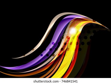 Rainbow color wavy lines on black background. Minimalistic dark background with stripes and light effects
