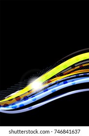 Rainbow color wavy lines on black background. Minimalistic dark background with stripes and light effects