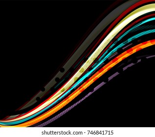 Rainbow color wavy lines on black background. Minimalistic dark background with stripes and light effects