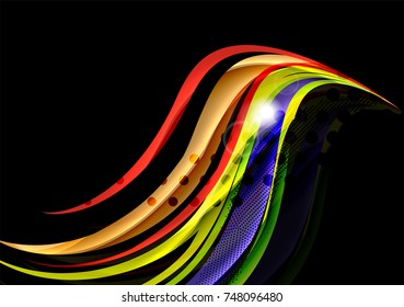 Rainbow color wavy lines on black background. Minimalistic dark background with stripes and light effects