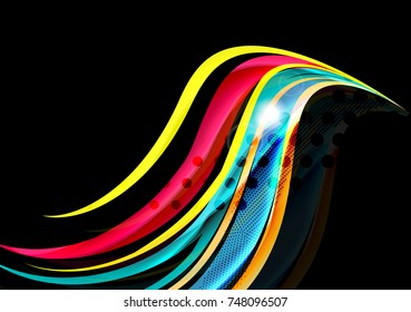 Color arcoiris líneas onduladas sobre fondo negro. Fondo oscuro minimalista con rayas y efectos de luz