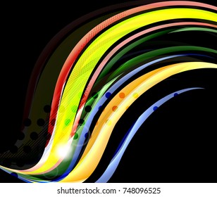 Rainbow color wavy lines on black background. Minimalistic dark background with stripes and light effects