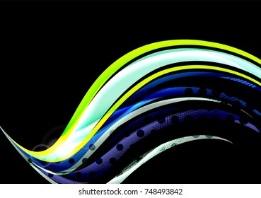 Rainbow color wavy lines on black background. Minimalistic dark background with stripes and light effects