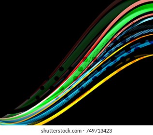 Rainbow color wavy lines on black background. Minimalistic dark background with stripes and light effects