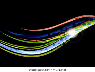 Rainbow color wavy lines on black background. Minimalistic dark background with stripes and light effects