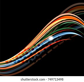 Rainbow color wavy lines on black background. Minimalistic dark background with stripes and light effects