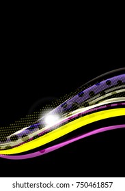 Rainbow color wavy lines on black background. Minimalistic dark background with stripes and light effects