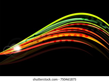 Rainbow color wavy lines on black background. Minimalistic dark background with stripes and light effects