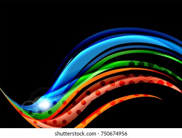 Rainbow color wavy lines on black background. Minimalistic dark background with stripes and light effects