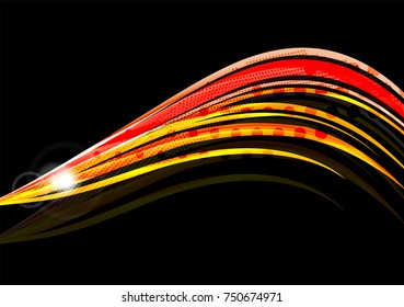 Rainbow color wavy lines on black background. Minimalistic dark background with stripes and light effects