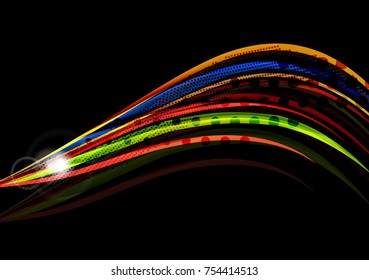 Rainbow-farbige Linien auf schwarzem Hintergrund. Minimalistischer dunkler Hintergrund mit Streifen und Lichteffekten
