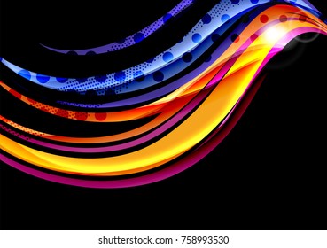 Rainbow color wavy lines on black background. Minimalistic dark background with stripes and light effects