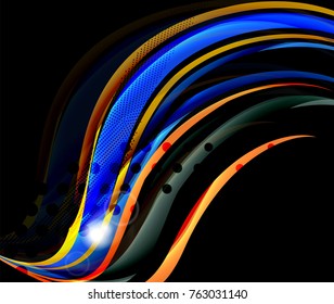 Rainbow-farbige Linien auf schwarzem Hintergrund. Minimalistischer dunkler Hintergrund mit Streifen und Lichteffekten